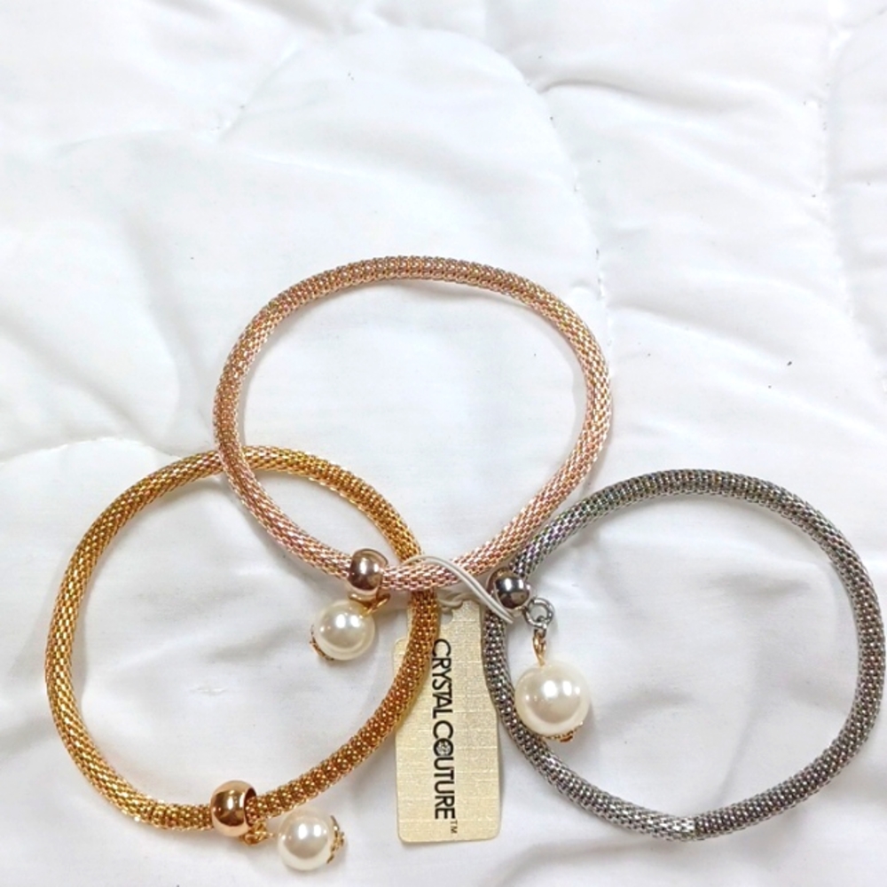NWT SET OF 3 STRETCH BRACELETS WITH FAUX PEARL CHARM SILVER GOLD ROSEGOLD